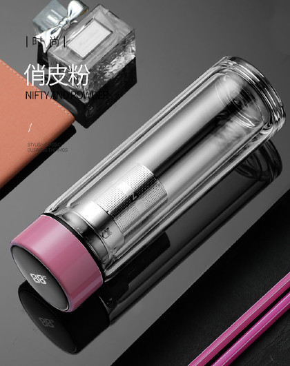 男女便携泡茶杯带盖高硼硅温度显示双层隔热加厚耐热智能玻璃水杯