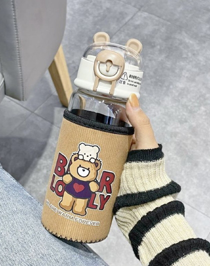 时尚可爱小熊便携玻璃杯大容量耐高温水杯咖啡杯吸管玻璃水杯背带