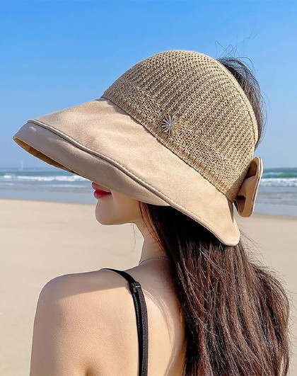 夏季海边旅游太阳帽空顶帽百搭帽子女大檐遮阳帽可调节镂空遮阳帽