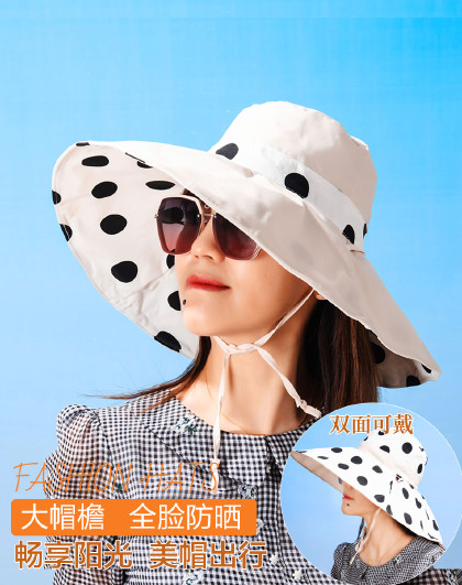 新款波点时尚百搭配饰女士大檐双面遮阳防晒用品