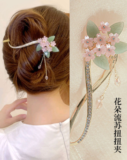 复古高级感花朵后脑勺盘发一字夹头饰半扎发发夹花朵流苏扭扭夹