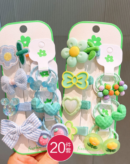 新款20件套儿童可爱卡通百搭刘海夹发饰花朵发圈皮筋发夹套装