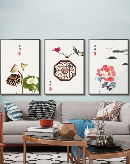 3联装画餐厅挂画简约风格装饰新中式书房茶室客厅沙发背景墙壁画