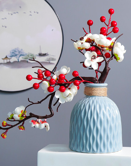 禅意新中式仿真花艺家居客厅装饰玄关田园风仿真梅花摆件花瓶饰品