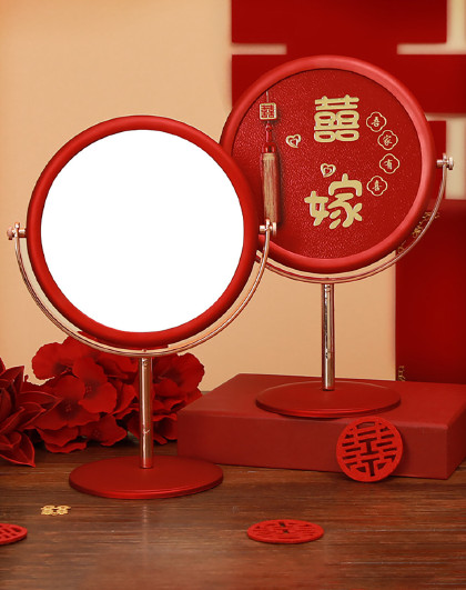 国风中式喜镜新娘嫁妆备婚化喜庆化妆备婚婚庆用品囍嫁高脚圆形镜