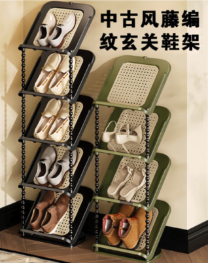 中古风藤编纹玄关鞋架家用门口小窄薄鞋柜入户省空间鞋柜收纳架