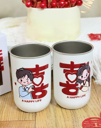 2个装304不锈钢新婚喜字漱口杯结婚杯子套装婚庆红色漱口杯
