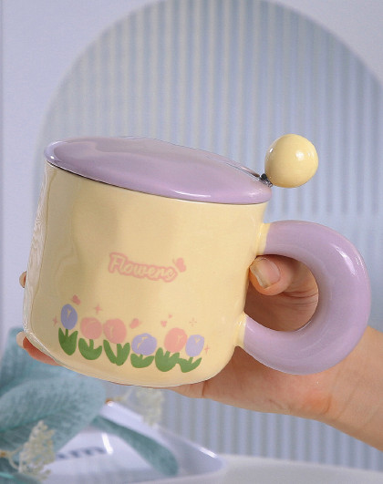 郁金香陶瓷马克杯带盖小清新高档精致马克杯高颜值陶瓷杯早餐杯