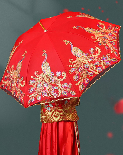 中式复古蕾丝花边刺绣新娘伞婚庆红伞新娘陪嫁婚礼出嫁陪嫁红雨伞